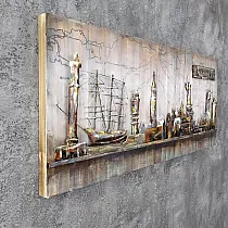 3D metāla mākslas darbs, sienu dekors, piestātne, osta, izmēri 60x150cm
