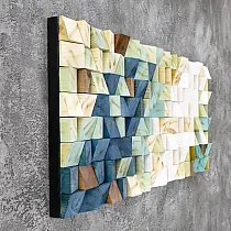 Koka 3D sienas māksla, abstrakta mozaīka, izmēri 122 cm x 55 cm