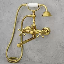 Bath water mixer made of brass, wall-mounted, height 27 cm, spout length 24.5 cm, golden color