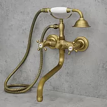Bath water mixer made of brass, wall-mounted, height 39 cm, spout length 23 cm, golden color
