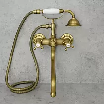 Bath water mixer made of brass, wall-mounted, height 39 cm, spout length 23 cm, golden color