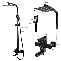 Dušo sistema, modernus stilius, aukštis 130 cm, iškyša 49 cm, dušo galvutės ilgis 24 cm, žarnos ilgis 150 cm, pasukamas snapelis