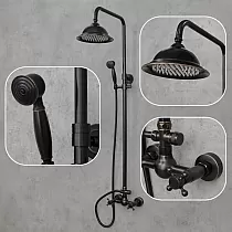 Retro style brass shower system in black colour, with rainfall shower and hand shower, total height 130 cm