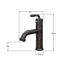 Decorative brass sink faucet with floral patterns, black with copper scratches, height 23.5 cm, spout length 10 cm