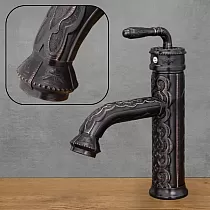 Decorative brass sink faucet with floral patterns, black with copper scratches, height 23.5 cm, spout length 10 cm