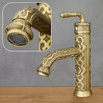 Decorative brass sink faucet with floral patterns, antique brass colour, height 23.5 cm, spout length 10 cm