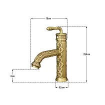 Decorative brass sink faucet with floral patterns, antique brass colour, height 23.5 cm, spout length 10 cm