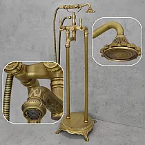 Vintage stiilis eraldiseisev käsidušiga vannikraan, valmistatud 3D-tekstuuridega messingist, antiikne messingvärvi, kõrgus 104 cm
