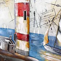 3D metallikunst Purjekas meres ja majakas, mõõdud 120x80 cm