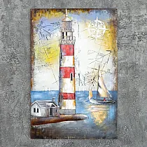 3D metallikunst Purjekas meres ja majakas, mõõdud 120x80 cm