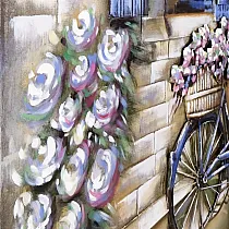 3D metalinis sienų dekoras, mėlynas langas su langinėmis, gėlės, dviratis, gėlių krepšelis, graikiška nuotaika, išmatavimai 80x120cm