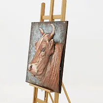 3D metallist seinadekoor, ninarõngaga pruun lehm, 80x80cm