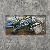 3D metalo sienų piešinys, metalinis vaizdas Senas lėktuvas su sraigtais, matmenys 140x70 cm