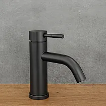 Retro-style low faucet made of stainless steel, black color, matte, height 17 cm, spout length 9.5 cm