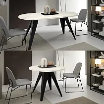 Round extendable dining table, diameter 120 cm, extended table length 158cm, 196 cm, height 76 cm, metal legs black or white, laminate top, different colors choice