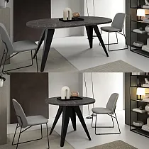 Round extendable dining table, diameter 120 cm, extended table length 158 cm, 196 cm, height 76 cm, metal legs black or white, laminate top, different colors choice
