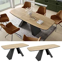 Ištraukiamas suapvalintas stačiakampis pietų stalas - 180220 cm, plotis 90 cm, aukštis 76 cm, modernios juodos metalinės kojos, patvarus laminuotas viršus 6 spalvų variantais