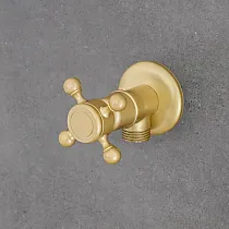 Wall-mounted faucet made of brass with angle hose tap, brass color, height 6,5 cm, spout length 8 cm