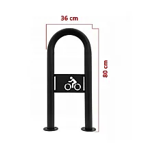 Kültéri fém kerékpártároló állvány kerékpár emblémával, fekete színű, méretei 80x36 cm