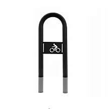 Kültéri fém kerékpár parkoló állvány acélból kerékpár logóval, fekete színű, méretei 80X36 cm