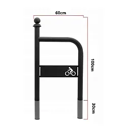 Kültéri fém kerékpár parkoló állvány acélból kerékpár logóval, fekete színű, betonozott, 100x60 cm