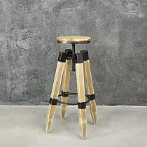Mehanički podesiva barska stolica u stilu taburea, izrađena od metala i drva, visine 70-88 cm