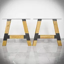 Σχεδιαστικά ποδαράκια τραπεζιού από μασίφ ξύλο βελανιδιάς με μεταλλικά στοιχεία σε εφέ ατσάλι, πόδια τραπεζιού σχήματος Α, 71x80x8cm, σετ 2 τμχ