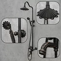 Mosazný sprchový set v retro stylu s květinovými akcenty, černá barva, 3funkční sprchový systém obsahuje dešťovou sprchu, ruční sprchu a vanovou baterii