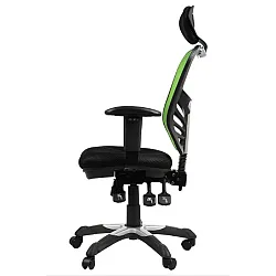 Drehbarer Bürostuhl mit atmungsaktiver Rückenlehne in grüner Farbe mit Kopfstütze
