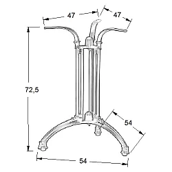 Namizno podnožje iz litega železa, 3 noge, 54x54 cm, višina 72,5 cm, primerno za mizne plošče do 90x90 cm, teža 12,8 kg