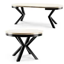 Apvalus ištraukiamas pietų stalas, 3 dydžiai viename stale, skersmuo 120 cm, prailgintas stalo ilgis 158 cm ir 196 cm, metalinės juodos arba baltos kojos, laminato viršaus spalvos juoda, balta, ąžuolas, marmuras, betonas