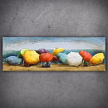 3D metalinis sienų meno kūrinys Spalvingi paplūdimio skėčiai, žmonės, pakrantės jūros peizažas, sienų dekoras 150x50 cm